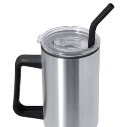 A drink bottle featuring a stainless steel body, clear lid, and a black straw, with a black handle.
