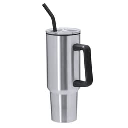 A drink bottle featuring a stainless steel body, black handle, and a straw lid, ideal for insulated beverages.