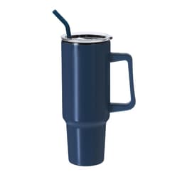 A drink bottle in navy blue with a handle, features a straw and a metal lid. It has a logo on the side.