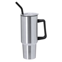 A drink bottle with a stainless steel finish, featuring a black handle and a straw for easy sipping.