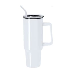 A drink bottle with a white insulated design, featuring a handle and a straw for easy sipping.