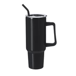 A drink bottle in matte black with a straw and a handle, featuring a clear lid and a sleek design.