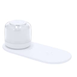 A wireless charger in white, featuring a round charging pod on a flat base, with a logo on the surface.