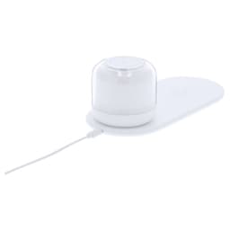 A white wireless charger featuring a rounded charging dome on a flat base, with a connecting cable.