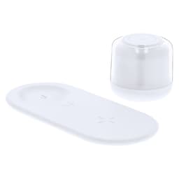 A wireless charger in white with a curved base and a removable circular top. It features a logo.