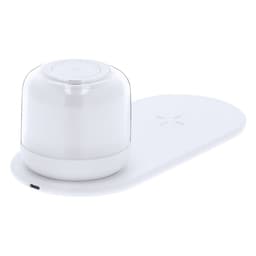 A wireless charger with a sleek white design featuring a rounded charging pad and a dome-shaped charger.