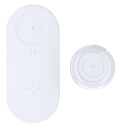 A wireless charger in white, featuring a sleek, oval design alongside a small, circular charging pad, both with a logo.