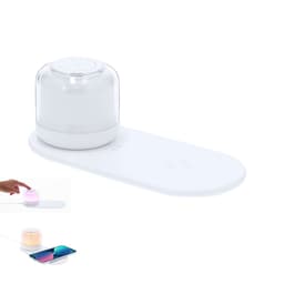 A white wireless charger with a rounded top and a circular base, featuring a logo, and a soft glow effect.