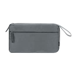 A grey multi-purpose bag with a zip closure and a wrist strap, featuring a branding logo.