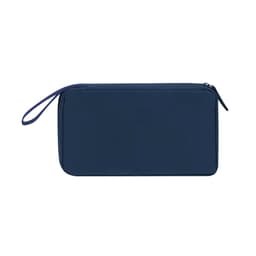 A navy blue pouch with a zip closure and a wrist strap, featuring a logo.
