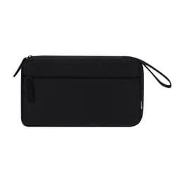 A black zippered bag with a front pocket and a wrist strap, featuring a logo.