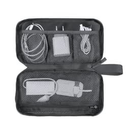 A grey organising bag with mesh pockets containing various cables and a charger. It has a handle for easy carrying.