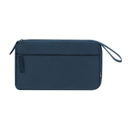 A navy blue miscellaneous bag with a zippered compartment and a carry handle. It features a logo.