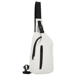 A white Soplex bag featuring a sleek design, an adjustable strap, and a zippered pocket in black.