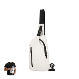 A white sling bag with a black strap and zippered pocket, featuring a sleek design and logo.