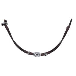 A brown leather necklace featuring a central silver charm, with additional decorative beads and a logo.