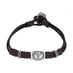 A brown leather bracelet featuring a peace symbol and decorative silver accents, secured with a simple clasp.