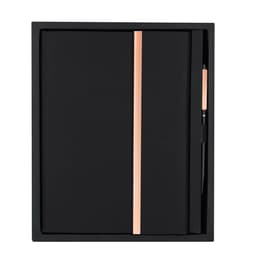 A black notebook with a rose gold stripe and a matching pen, presented in a sleek black gift box.