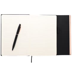 A notebook with lined pages and a black pen, featuring a sleek black cover with decorative rose gold accents.