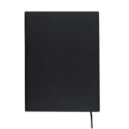 A black notebook with a ribbon bookmark and a subtle logo on the cover.