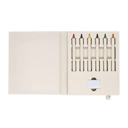 A gift set featuring six coloured pencils in a sleek, open box with a simple design and a small compartment.