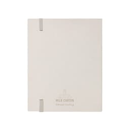 A writing notebook with a cream-coloured cover, featuring elastic closure and a branding logo.