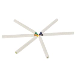 A set of five white coloured pencil sticks with vibrant tips in green, yellow, orange, blue, and black.
