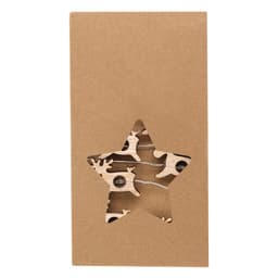A star-shaped wooden decoration enclosed in a natural cardboard box with a cut-out star design.