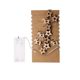String of wooden star and reindeer decorations on a cardboard backing, with a battery pack on the side.