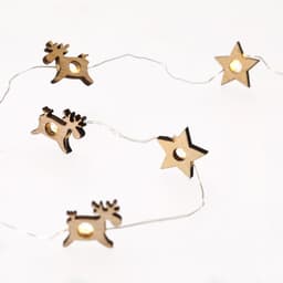 A string of Christmas decorations featuring wooden reindeer and star shapes, illuminated with warm lights.