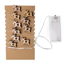 Decorative wooden reindeer lights on a cardboard backing, featuring a battery pack and clear string.