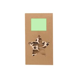 A star-shaped box containing wooden decorations in a natural finish. Box is brown with a green label area.