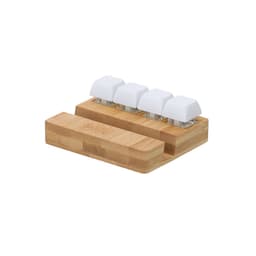 A bamboo organiser featuring four white storage containers on a rectangular base.
