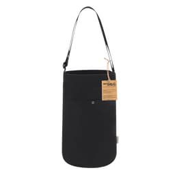 A black Harkal bag with a long strap and front pocket, featuring a tag for branding.