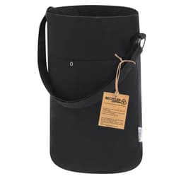 A black Harkal bag made from recycled cotton, featuring a shoulder strap and an outer pocket. Includes a tag.
