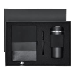 A drink bottle in black, a notebook, and a pen, all presented in a black gift box with a foam insert.