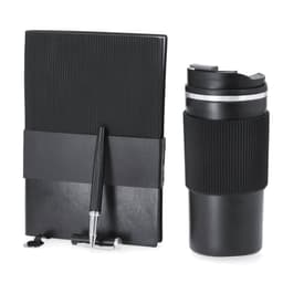 A drink bottle and a notebook with a pen, all in black colour, featuring a logo.
