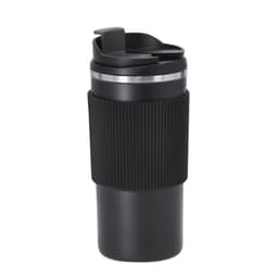 A drink bottle in black with a ribbed sleeve and a lid featuring a sliding opening, includes a logo.