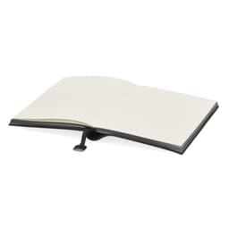 An open notebook with lined pages and a black cover, featuring a black elastic band bookmark.