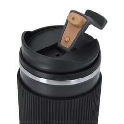 A drink bottle in black with a textured grip, featuring a brown lid and flip-top opening.