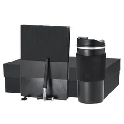 A drink bottle, a notebook, and a pen in a black gift box, featuring a sleek design and a logo.