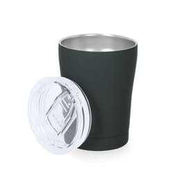 A drink bottle in matte black finish with a stainless steel interior and a clear, sealed lid.