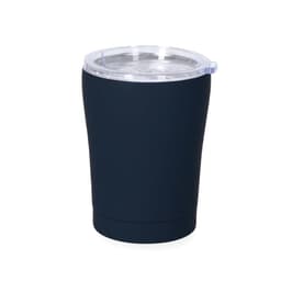 A drink bottle featuring a navy blue insulated design with a clear lid and a logo.