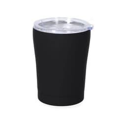 A drink bottle in matte black with a clear, plastic lid and a logo. Suitable for travel and insulated beverages.