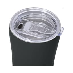 A drink bottle with a dark exterior and a clear, transparent lid featuring a sliding closure mechanism.