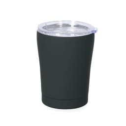 A drink bottle featuring an insulated design in dark green, complete with a transparent lid and a branding logo.
