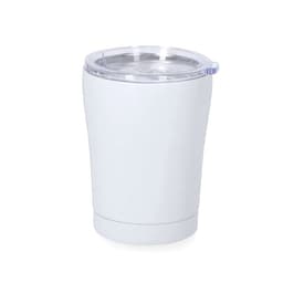 A white insulated cup with a clear lid and a sleek design, featuring a logo on the surface.