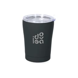 A drink bottle in matte black with a clear lid and a logo on the side. Suitable for travel and insulated to keep drinks warm or cold.