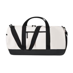A duffle bag in white and black, featuring a zippered pocket and a shoulder strap. It has a subtle brand logo.