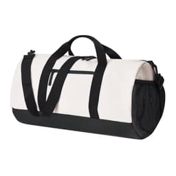 A dual-coloured duffle bag in white and black, featuring short handles and a detachable shoulder strap.